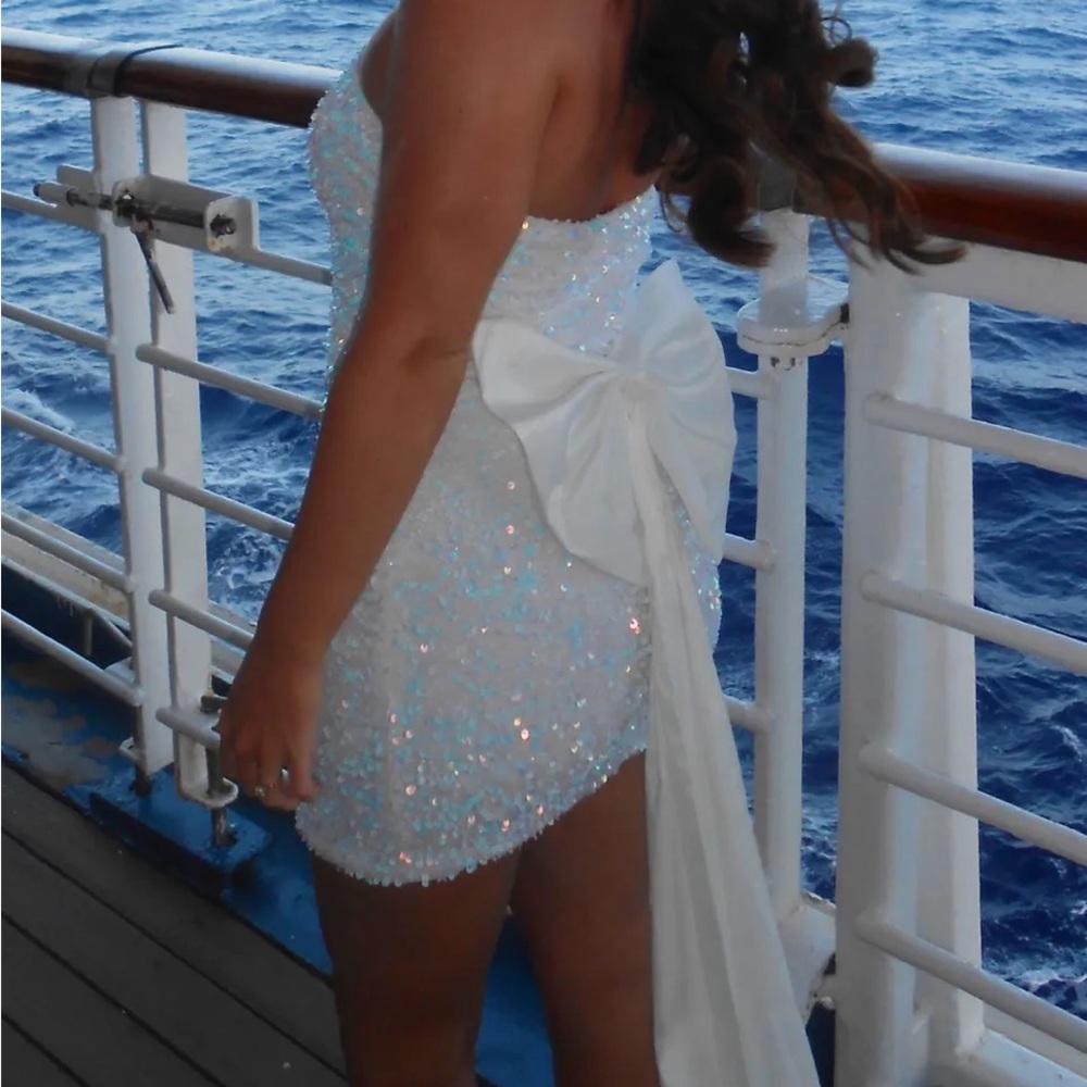White Sequin Strapless Dress with removable Bow